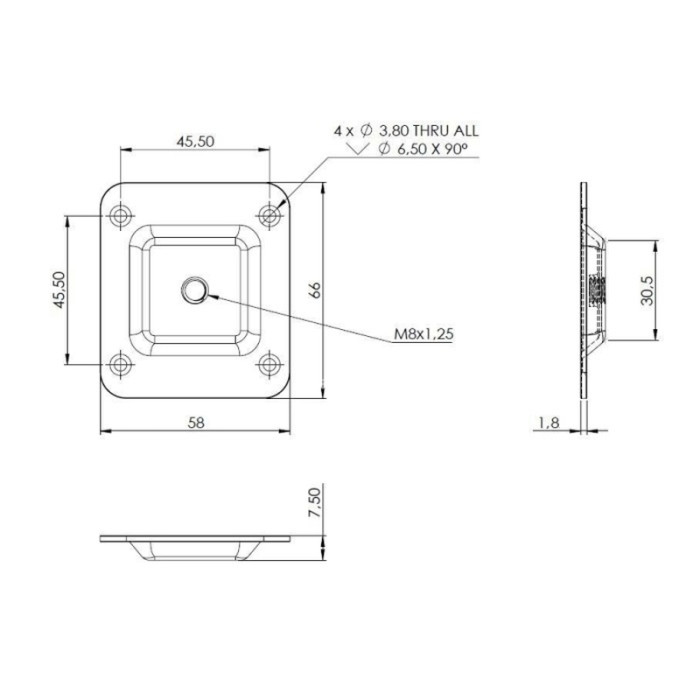 Монтажная пластина для ноги 66x58 мм, R8 мм, 0 градусов
