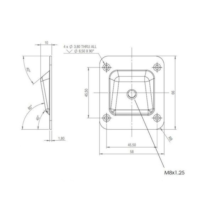 Монтажная пластина для ноги 66x58 мм, R8 мм, 10 градусов